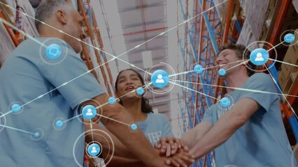 Animation of connected profile and message icons over diverse coworkers stacking and raising hands