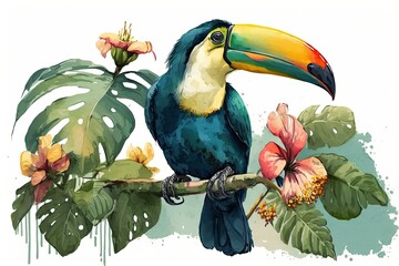 Sticker - Illustration of a toucan holding a bunch of hibiscus blossoms. Painting in watercolour. Generative AI