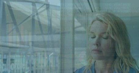Poster - Animation of multiple graphs over portrait of confident caucasian blonde businesswoman in office