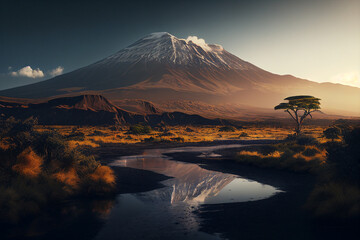 sunset at mountain kilimanjaro tanzania and kenya, travel summer holiday vacation idea concept, imag