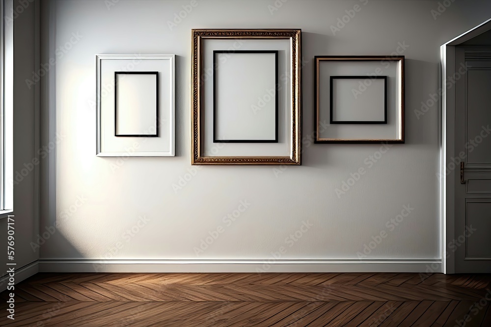 An indoor room with empty picture frames hanging on a wall in a home ...