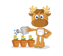 Canvas Print - moose watering the flowers mascot. cartoon vector