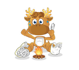 Sticker - moose roasting marshmallows. cartoon mascot vector