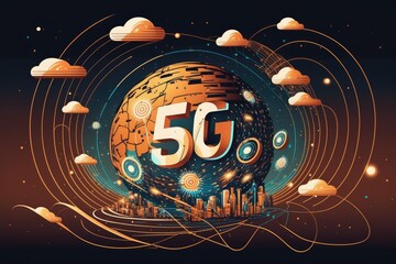 Sticker - Innovative lines of communication span the globe and form a global network. Understanding the potential of 5G wireless digital connections for the IoT. Generative AI