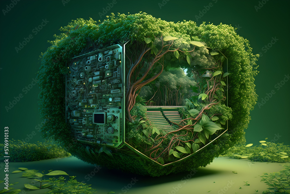 Plant Based Computer Green computing concept illustration for safe environment illustrating ...