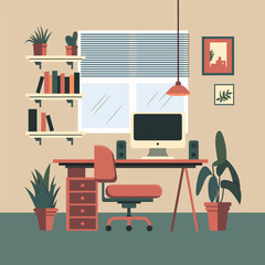 Computer desk workplace concept, flat design vector illustration
