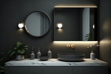 Poster - A mirror hangs over a gray sink in a bathroom with white walls. Space for cosmetics and a mirror. Generative AI