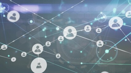 Poster - Animation of network of connections with icons and data processing on blue background