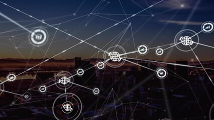 Sticker - Animation of network of connections with icons over cityscape