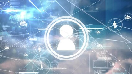 Poster - Animation of network of connections with icons and data processing over sky with clouds