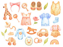 Infant Cute Clothes And Toys Isolated On White. Nursery Watercolor Set. Baby Things