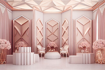 Wall Mural - Luxurious wedding hall session with light pink color and copper partitions in beautiful color harmony, copy space. Generative AI 