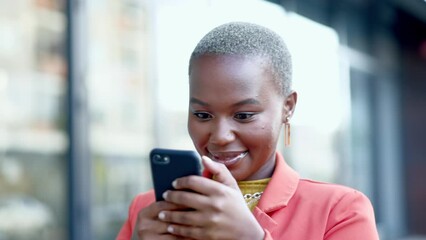 Poster - Black woman in city, smartphone and typing with achievement, success and celebration with smile. African American female, lady and cellphone with connection, social media and email with good news