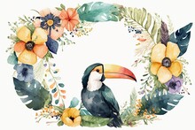 This Watercolor Illustration Of A Tropical Wreath Features A Toucan Among Colorful Flowers. Useful As Wedding Favors, Cards, Backgrounds, Textures, Wrapping Paper, Post Cards, And More!. Generative AI