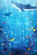 海中の魚やイルカ、ジンベエザメの暑中見舞いのベクターイラスト背景