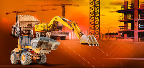 Wall Mural - Excavator and two bulldozer loader close-up on orange industrial background. Construction equipment for earthworks. Rental of construction equipment. Modern transport.