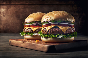 Two delicious homemade burgers of beef, cheese and vegetables on old wooden table. Tasty food close-up. Generative AI illustration