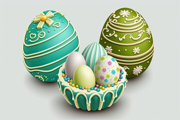 Wall Mural - Easter candy cartoon for the holiday. Desserts such as cupcakes and cakes decorated to look like easter eggs. format for design. Generative AI