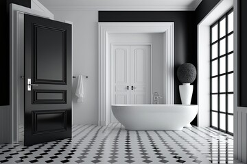 Wall Mural - Bathroom in black and white including a freestanding tub, mosaic tile flooring, and white doors with a black doorknob. Generative AI