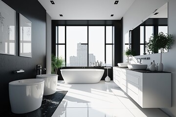 Poster - taking a look at the room from the side, we see a white bathroom with a white tub, a white vanity, a