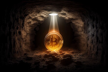 Golden bitcoin mining in deep  mine cave, Generative AI.
