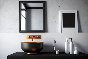 Poster - specifics of a loft bathroom, including a black sink, a vintage copper faucet, a gray wall, and a mi