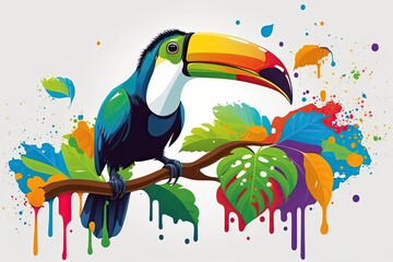 Sticker - The Rainbow Toucan Spots Some Food Up in the Branch. Generative AI