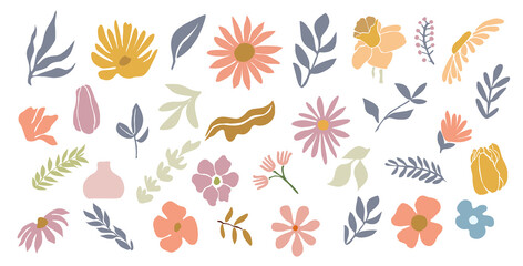 Wall Mural - Set of hand drawn shapes and floral design transparent background. PNG. Digital stickers.