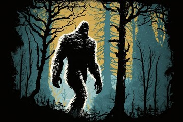 Canvas Print - Terrifying ideas in the dark. Bigfoot like creature, cloaked in mystery, strolling through the woods. Against a backdrop of tree silhouettes. grungy, textured, and remastered. Generative AI