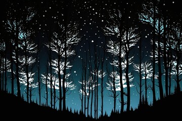 Poster - During the night, the sky above the birch tree forest was filled with a spectacular display of stars. White silhouettes against a black background, lit up. Picture of Sigulda, Latvia's Gauja National