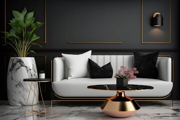 Poster - white sofa, marble accent wall, and rose gold coffee table in a contemporary, high end living room. 