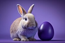 Happy Easter Bunny With Many Colorful Easter Eggs On Purple Background, Generative Ai
