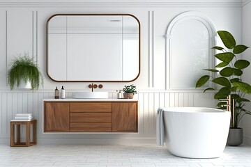 Wall Mural - A large, luxurious bathroom with a white tiled bathtub, a wooden drawered cabinet serving as a vanity, white tiles, and a large mirror. Generative AI