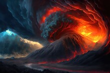 Infernal Underworld Of Brimstone And Fire, Dramatic Volcano Eruptions, Eternally Burning Magma, Inferno Of Flowing Lava Rivers, Searing Hot Apocalyptic Wasteland Hell, Ash Firestorms - Generative Ai 