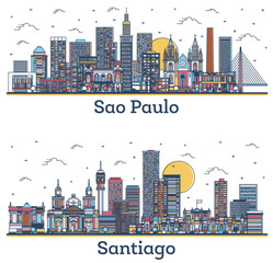 Wall Mural - Outline Santiago Chile and Sao Paulo Brazil City Skyline Set City Skyline with Colored Buildings Isolated on White.