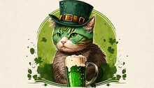 St. Patrick's Day Celebration Background. Leprechaun Cat In Green Hat Generative Ai