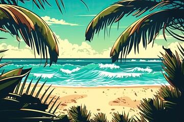 Canvas Print - Palm fronds on a warm, sunny beach. Imagery of a tropical beach and a summer getaway. Generative AI