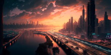 Smart City Coming To Life As The Sun Sets And The City Lights Up Generative AI