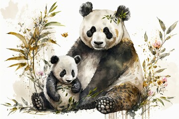 Wall Mural - The downloadable file features a mother panda and her cub painted in watercolors using bamboo brushes. Clipping path, layer path, panda watercolor. Generative AI