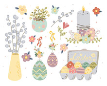 A Set Of Vector Illustrations On Easter Perned Easter Branches Easter Eggs