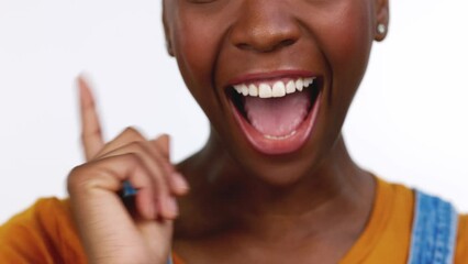 Poster - Thinking, wow and lightbulb moment with a black woman in studio isolated on a white background. Hand, idea and breakthrough with an african female feeling excited while contemplating a thought