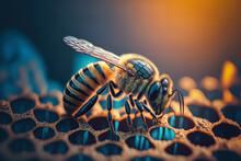 Amazing Macro Photography Of A Bee On Honeycomb. Generated By AI