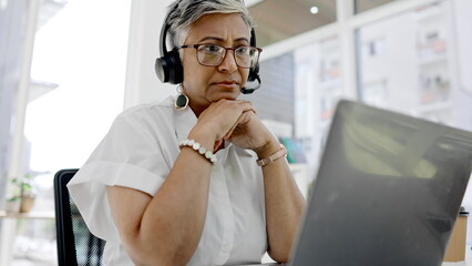 Leinwandbilder - Laptop, headset and video call with a manager woman at work in her office for planning or strategy. Computer, business and virtual meeting with a senior female employee attending an online seminar