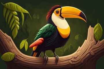 Sticker - a wild toucan with its distinctive plate shaped bill resting on a tree limb. Generative AI