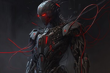 Poster - a pilotless black robot adorned in red accents and wires,. generative ai