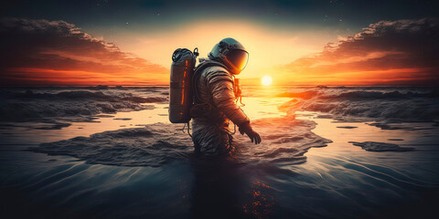 From ocean to outer space: An astronaut rising at sunset