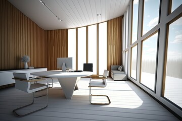 Poster - An empty office with a wooden wall, a table, and a panoramic window. Image for a futuristic workplace. Generative AI