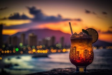 Sticker - Drinking Mai Tais in Honolulu, Hawaii, while on vacation. Luau parties at night with alcoholic drinks and an ocean view. Generative AI