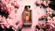Luxury perfume with floral scent for women, glass fragrance bottle on pink flatlay background, generative AI.