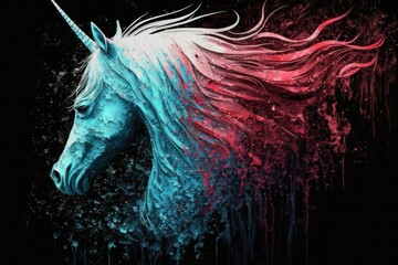Poster - unicorn's head, painted white, is awash in neon pink and blue. conceptual artwork with a minimalisti